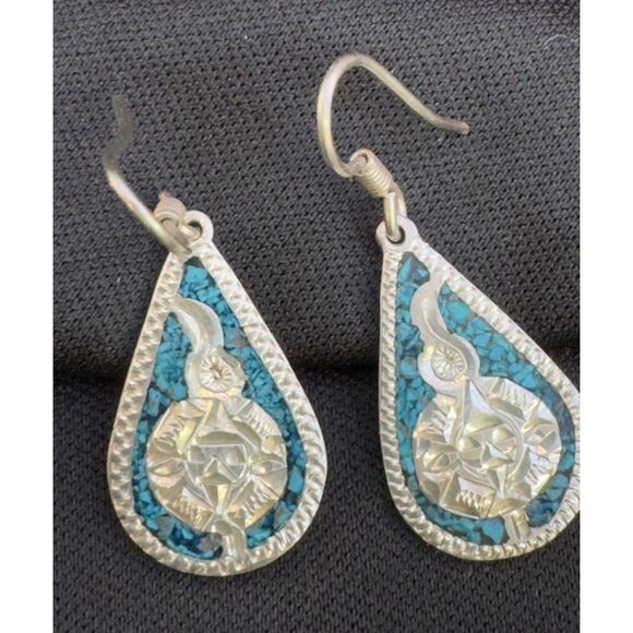 Vintage Mexican Sterling Silver Turquoise Teardrop Earrings - Picture 1 of 5